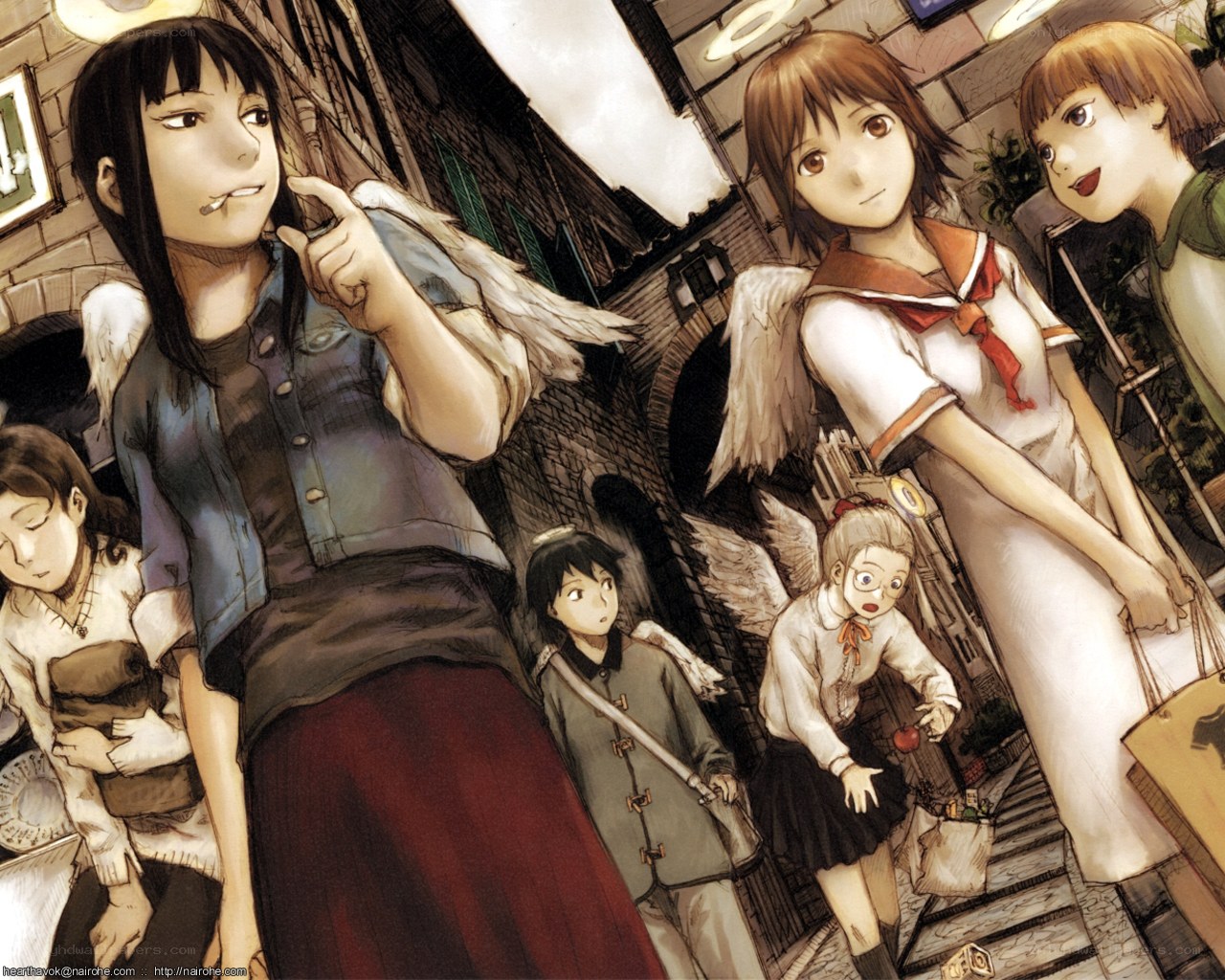 Angel characters in a town