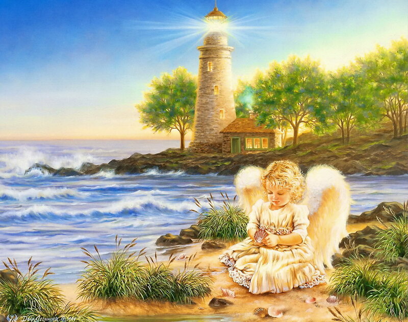 Angel Child on Beach — Blue, Serene, Sunset