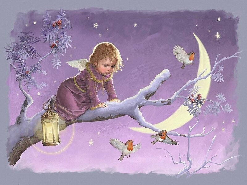 Angel child on snowy branch