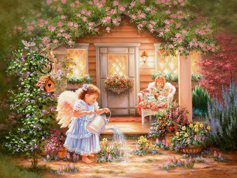 Angel Child Watering Flowers