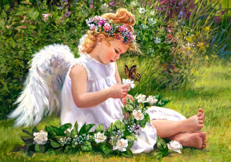 Angel Child with Butterfly — Green, Serene