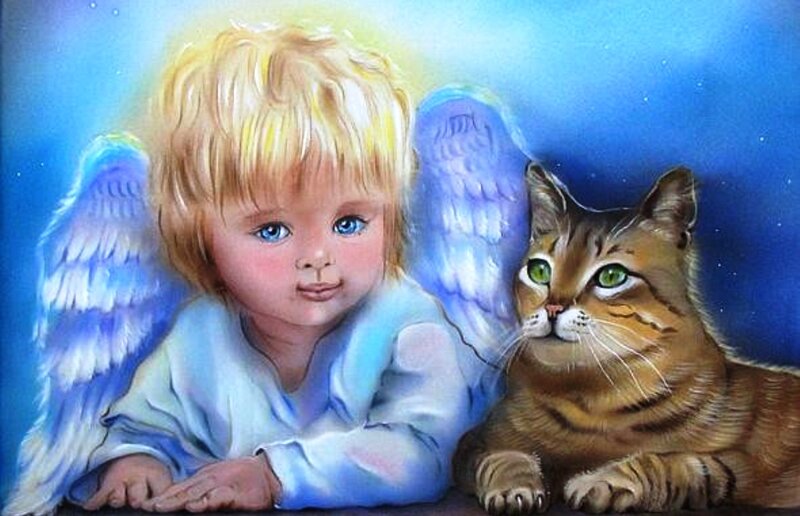 Angel Child with Cat — Blue