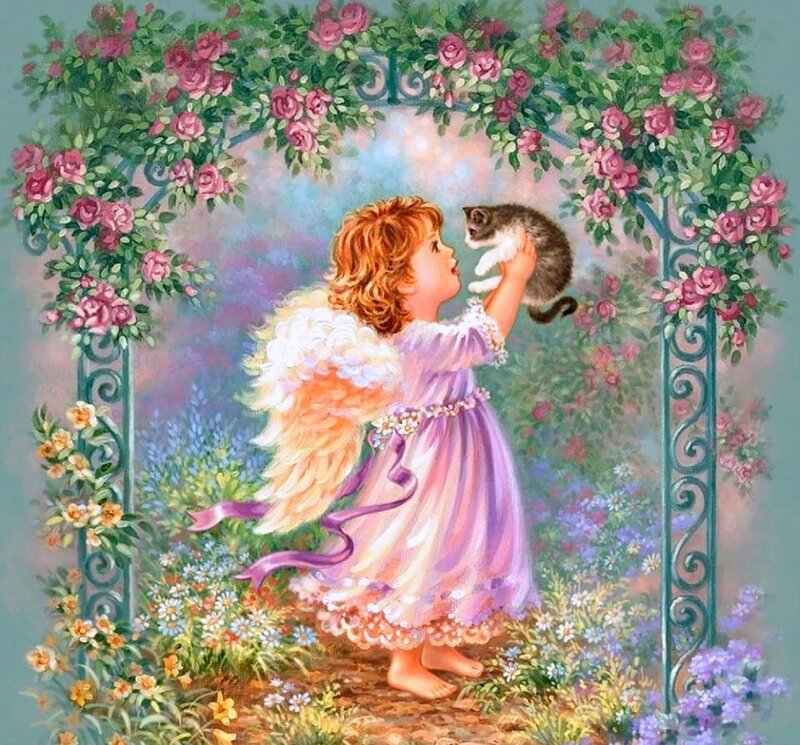 Angel Child with Kitten — Purple