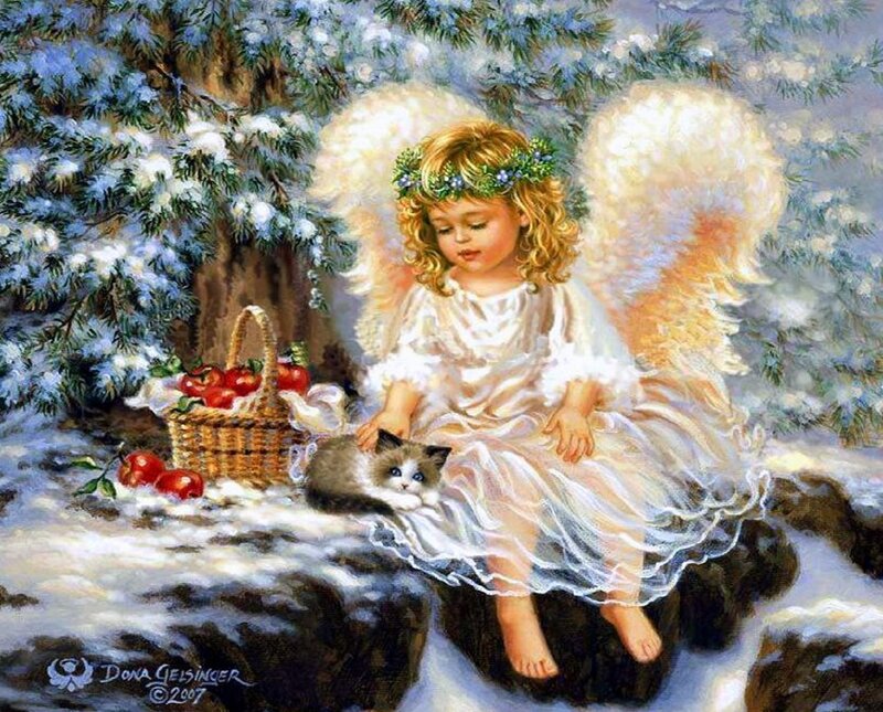 Angel Child with Kitten — White