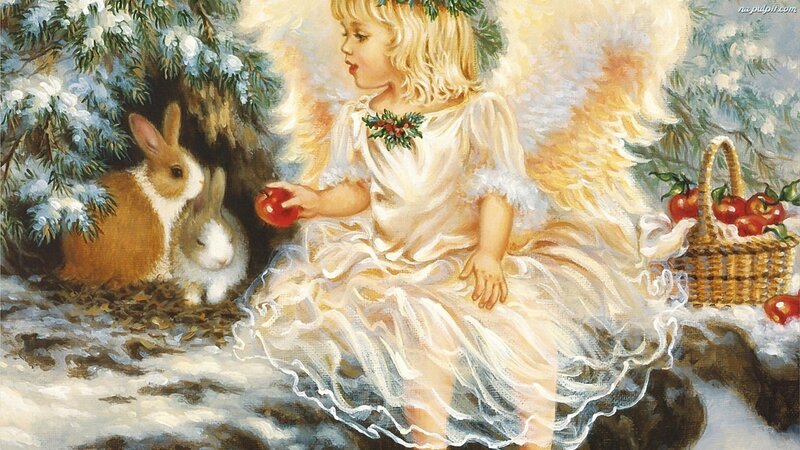 Angel Child with Rabbits — White, Serene