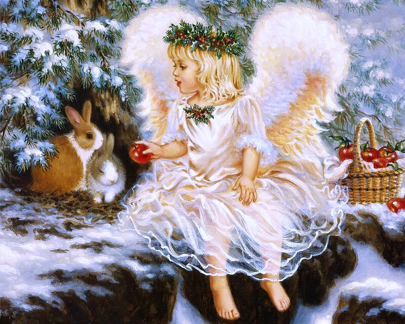 Angel Child with Rabbits — White