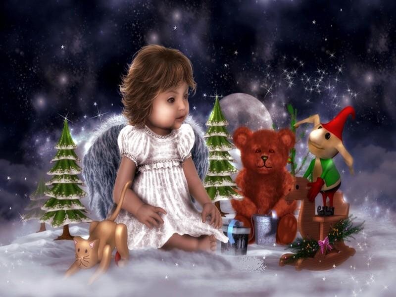 Angel child with toys in snow