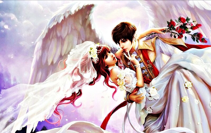 Angel Couple Embracing — White