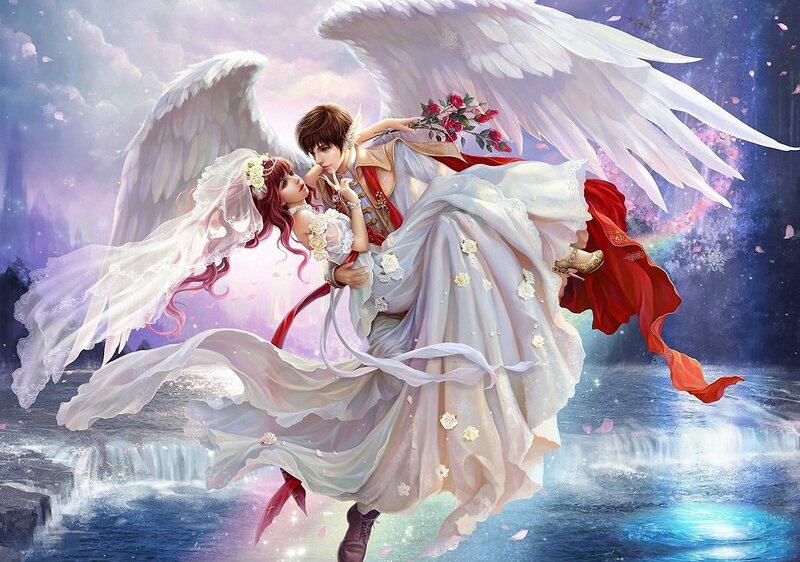 Angel Couple in Flight — White, Dreamy