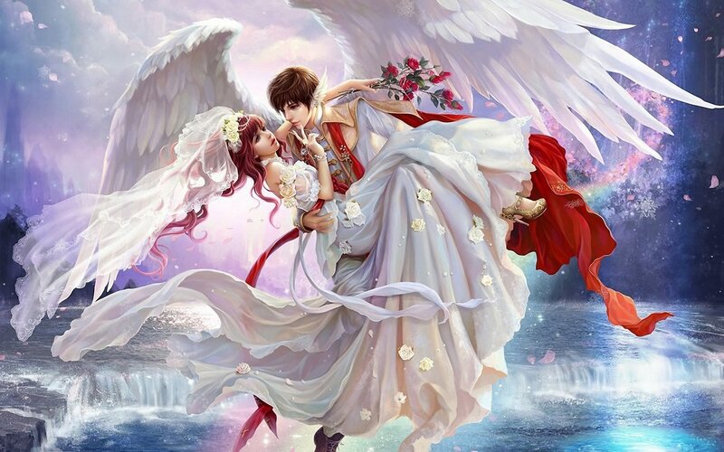 Angel Couple in Flight — White, Romantic
