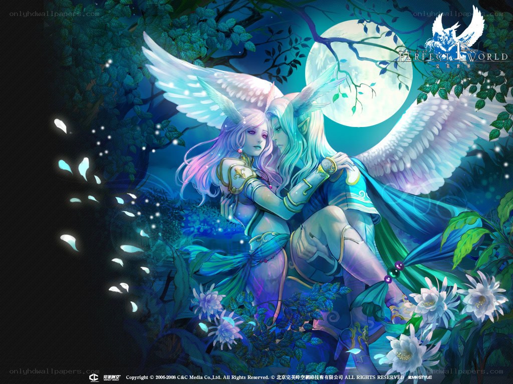 Angel couple in moonlit forest