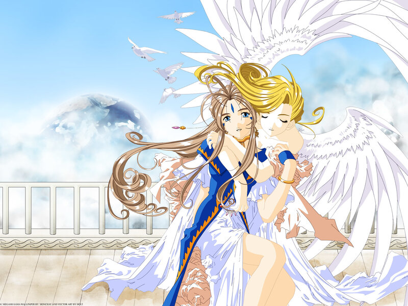 Angel embraces girl on balcony