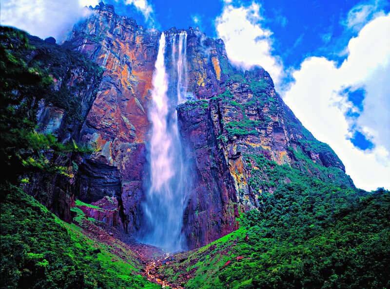 Angel Falls Waterfall — Blue, Dramatic, Afternoon, Photograph, Mountain, Clouds, Vegetation