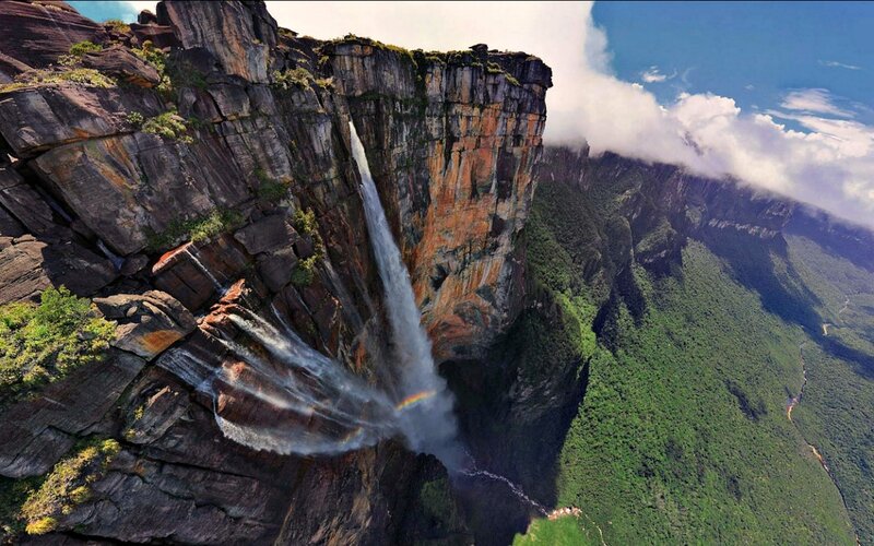 Angel Falls Waterfall — Green, Dramatic, Afternoon, Photograph, Cliff, Rainbow, Clouds