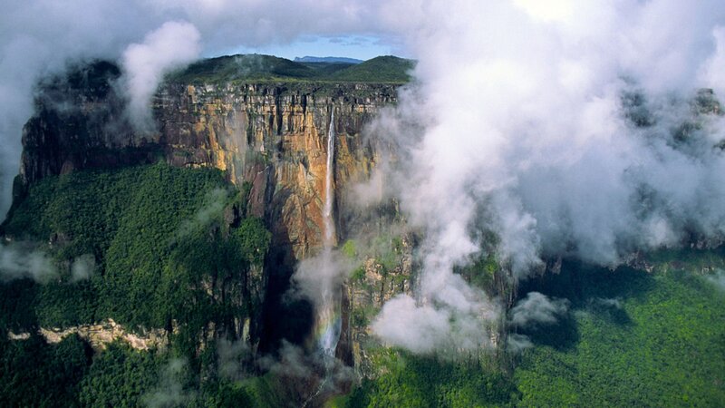 Angel Falls Waterfall — Green, Dramatic, Afternoon, Photograph, Cliff, Rainbow