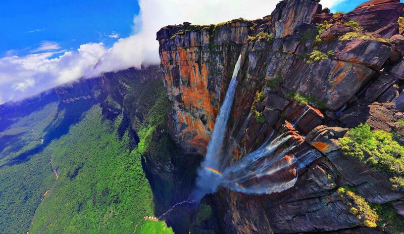 Angel Falls Waterfall — Green, Dramatic, Afternoon, Photograph, Rainbow, Cliff