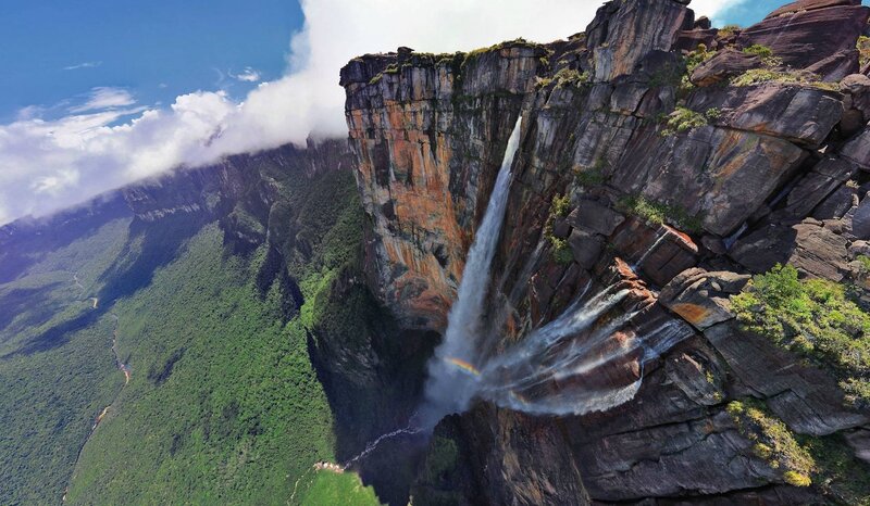 Angel Falls Waterfall — Green, Dramatic, Afternoon, Photograph, Rainbow
