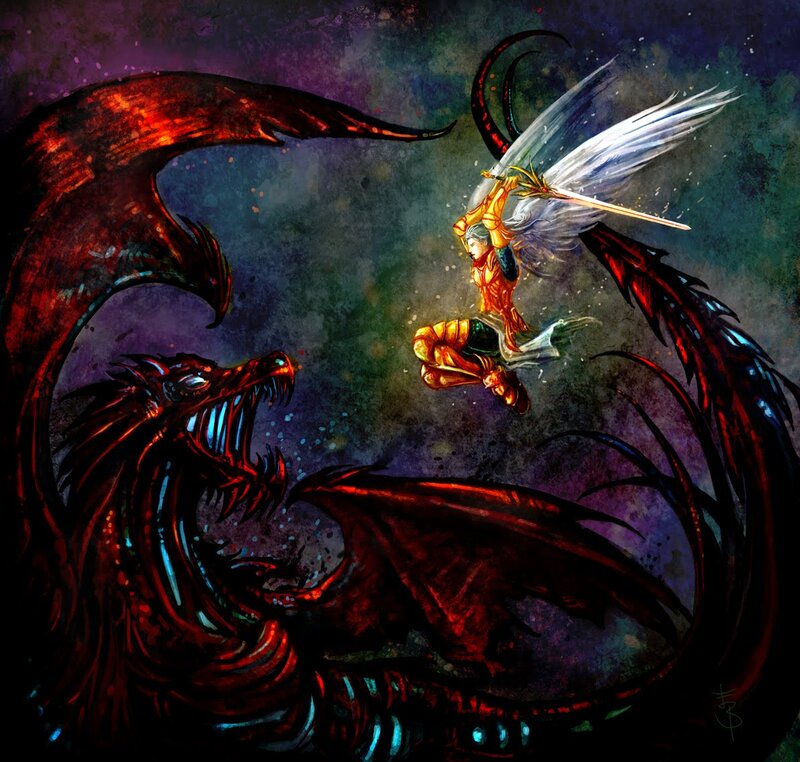 Angel Fighting Dragon — Red, Dramatic