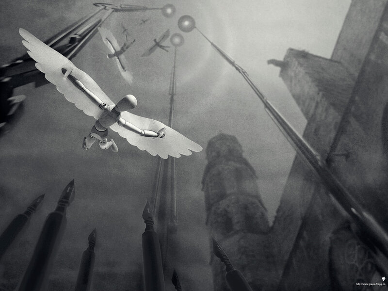 Angel figurine in a surreal city
