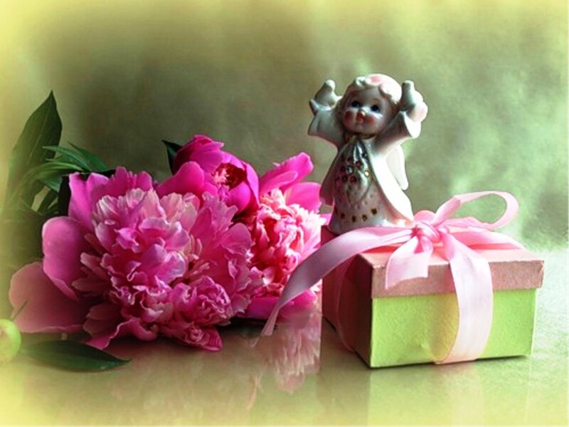 Angel Figurine with Peonies