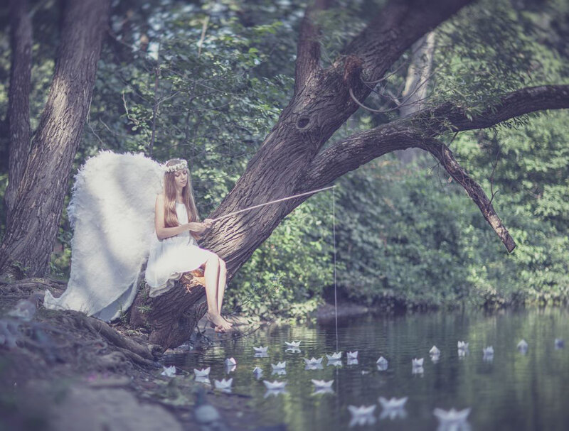 Angel Fishing by River — White