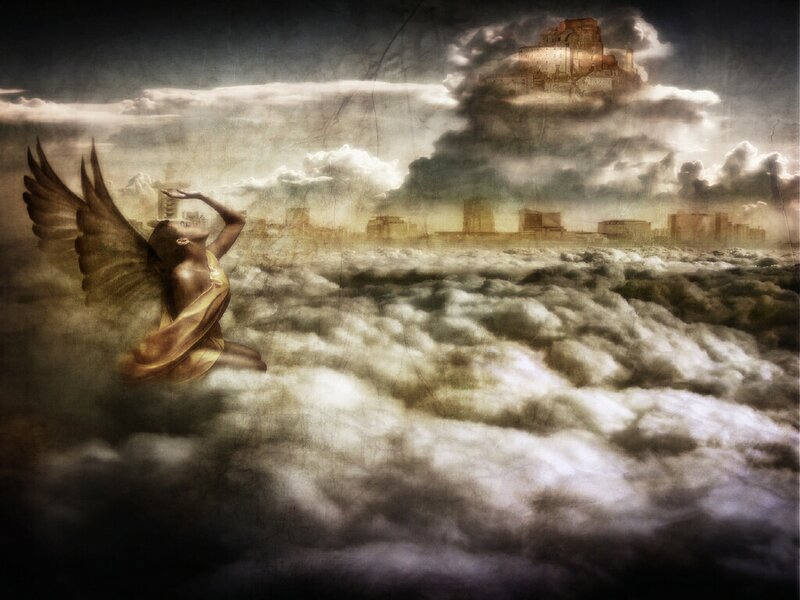 Angel flying above clouds