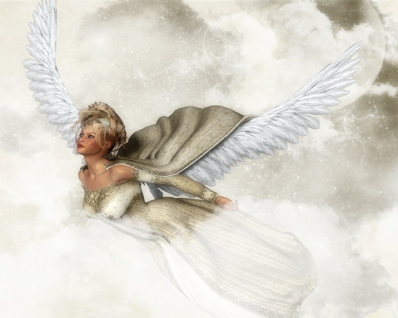 Angel flying in clouds