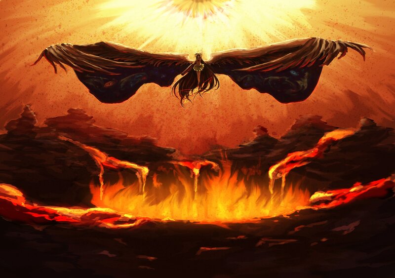 angel flying over lava