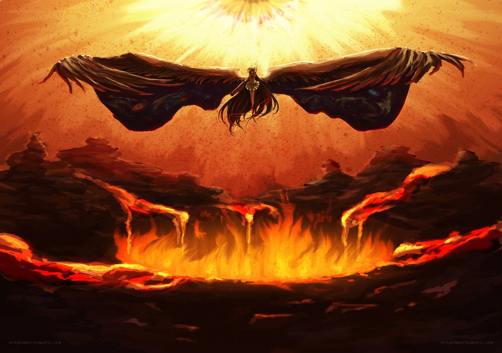 angel flying over lava