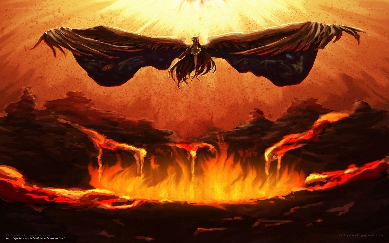 angel flying over lava