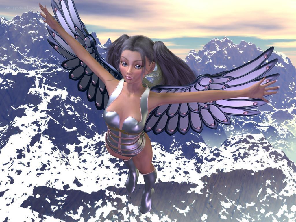 Angel flying over mountains