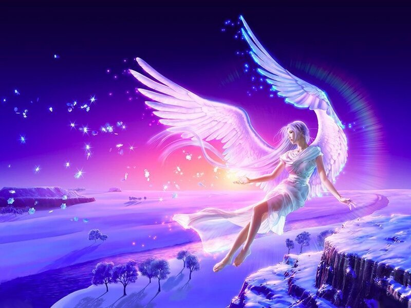 Angel flying over snowy landscape