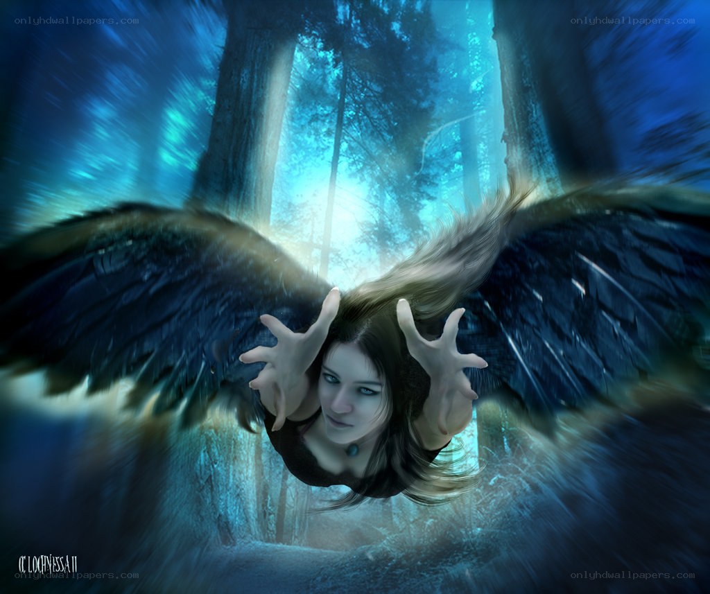 angel flying through forest