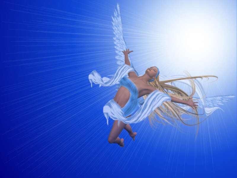 angel flying toward light