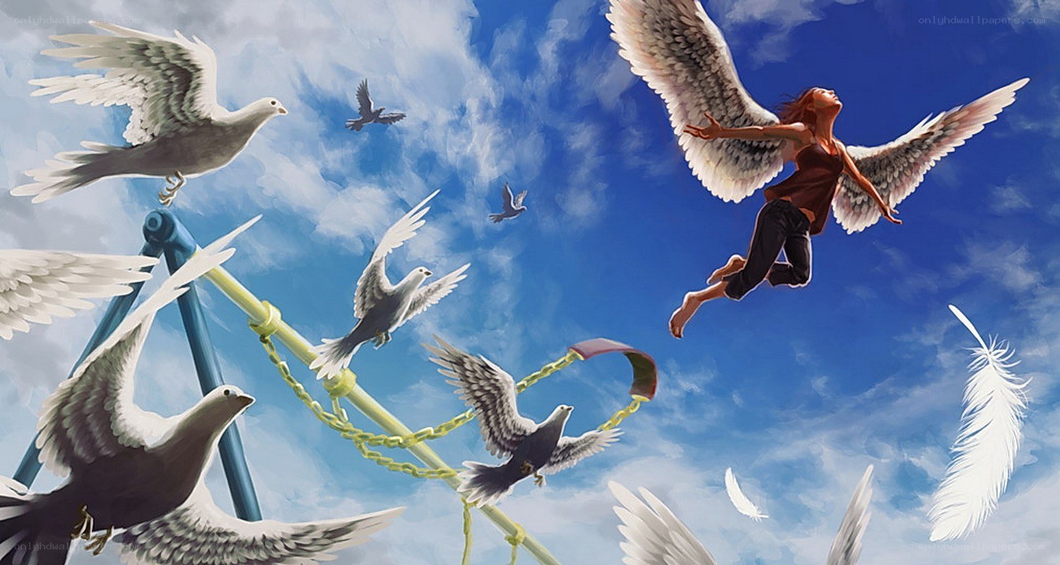 Angel flying with birds
