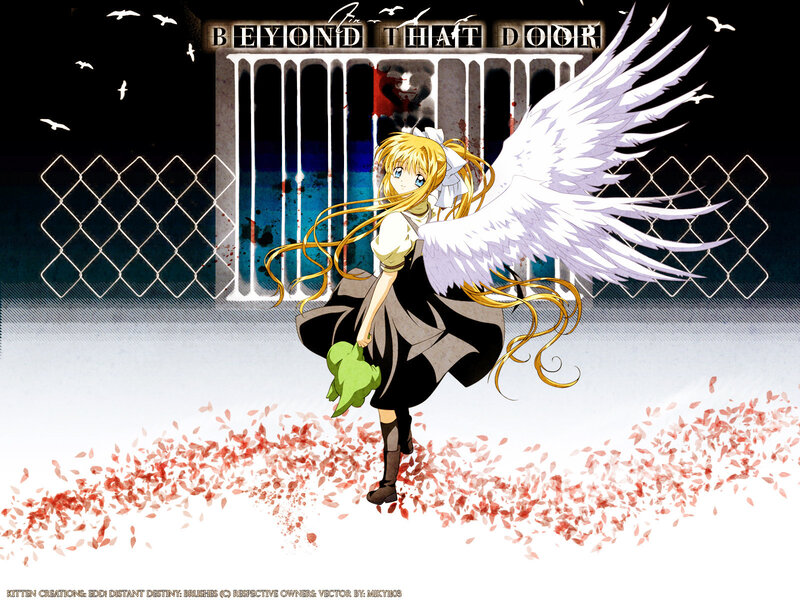 Angel girl by a barred door