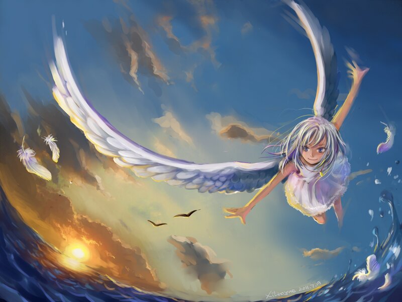Angel girl flying at sunset