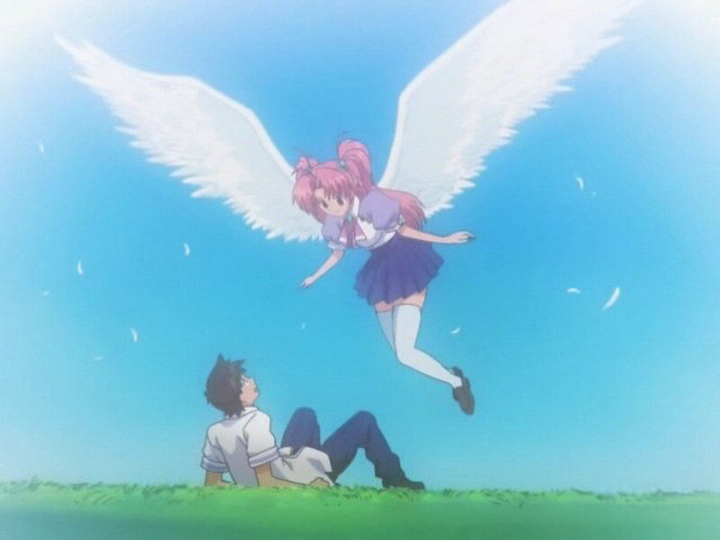angel girl flying over boy