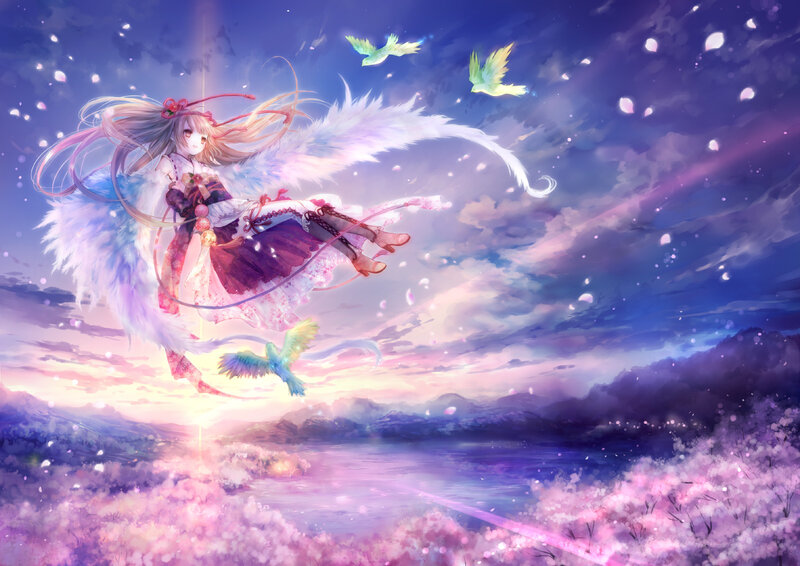 angel girl flying over cherry blossoms