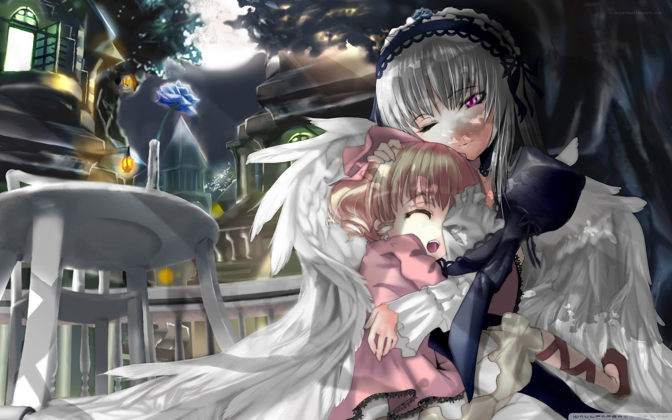 Angel girl hugging child