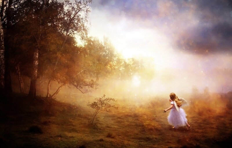 Angel girl in a misty forest