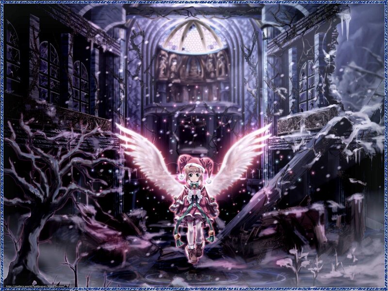 Angel girl in a ruined cathedral