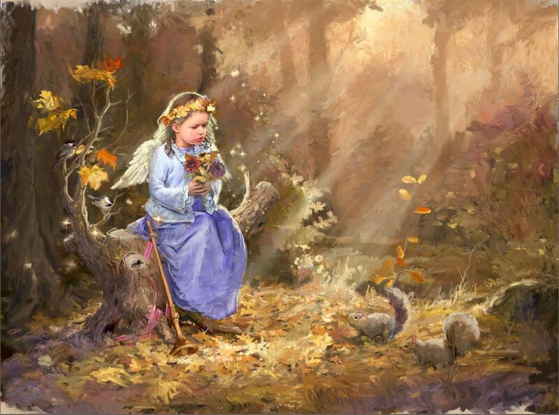 Angel girl in autumn forest