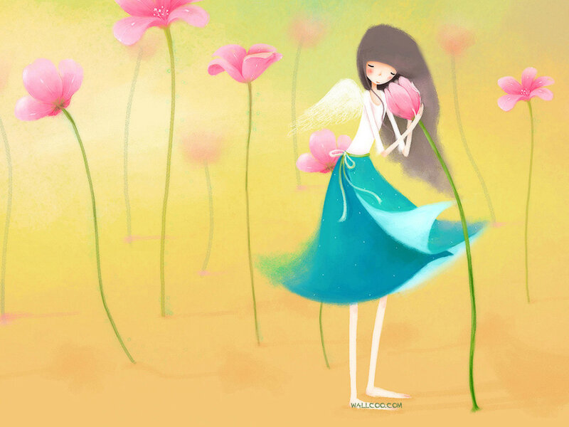 Angel girl in flower field