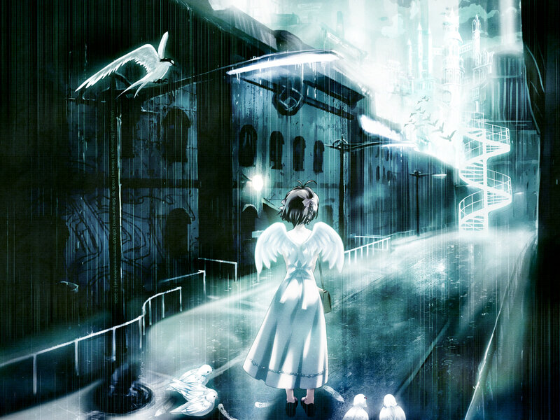 Angel girl in rainy city