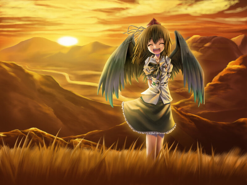 Angel girl in sunset landscape