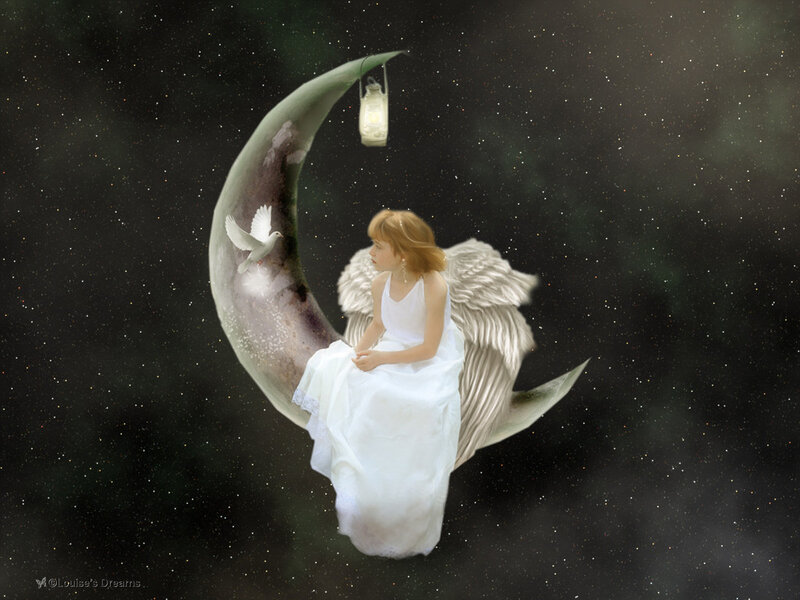 Angel Girl on Crescent Moon — White