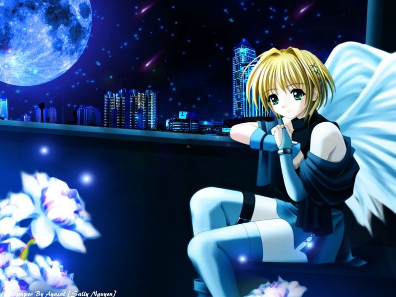 Angel girl on rooftop at night