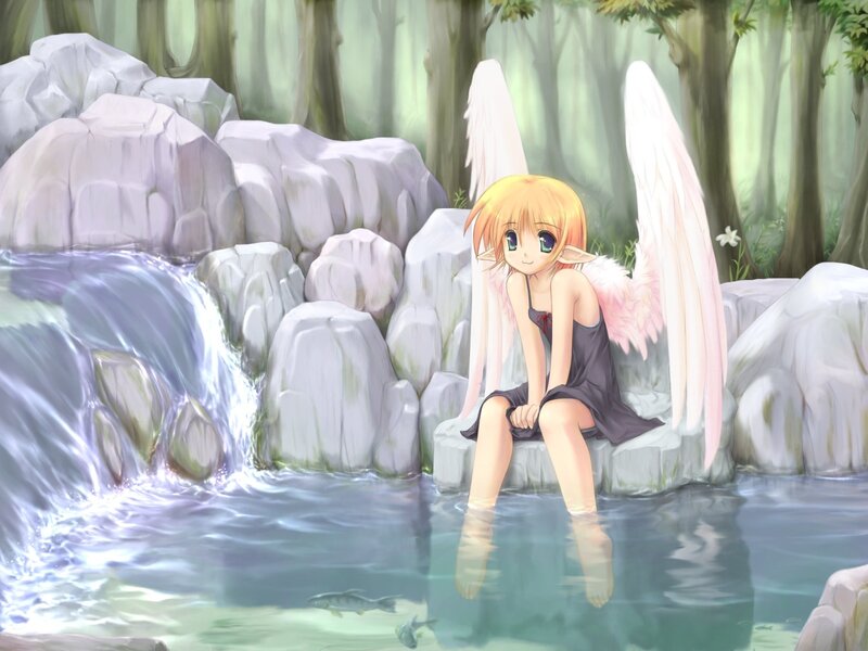 Angel Girl Sitting by Stream