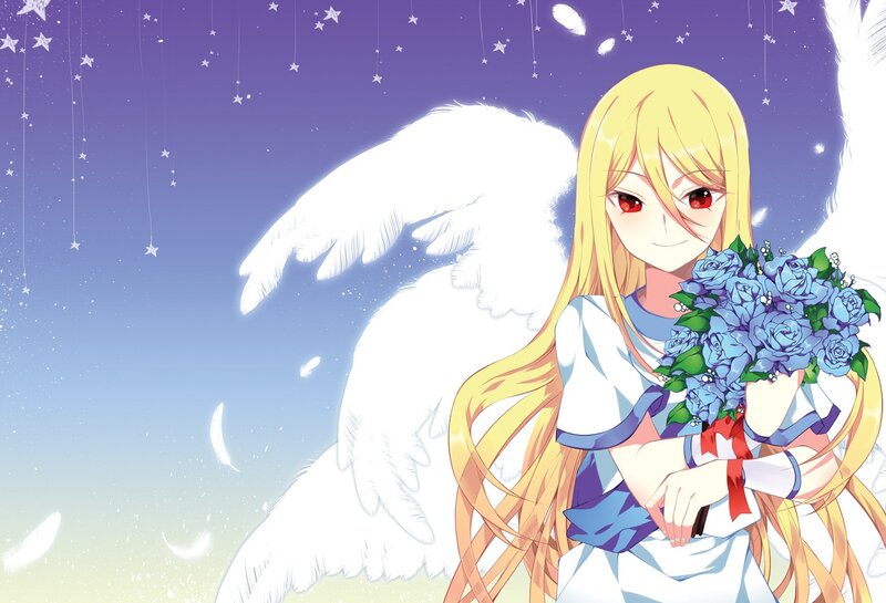 angel girl with blue roses